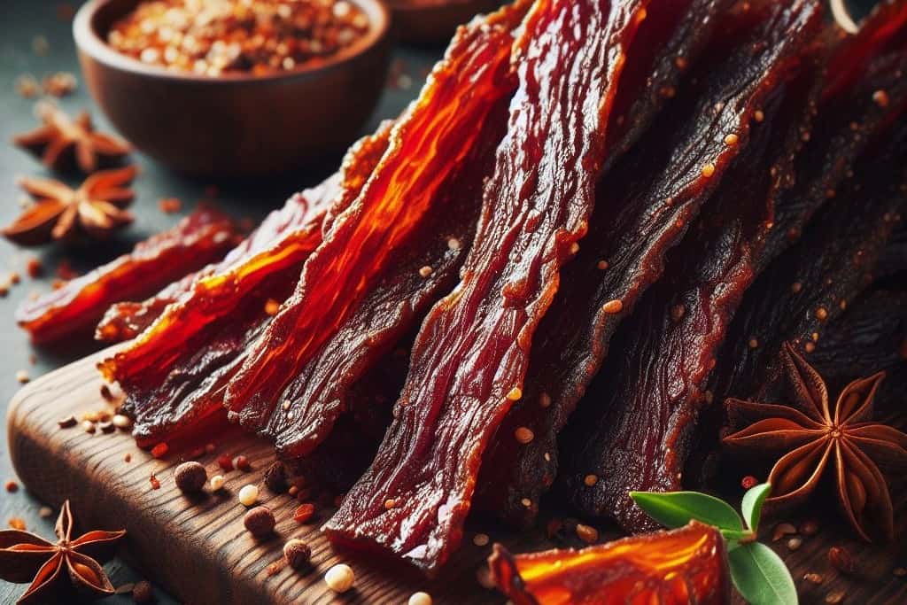 Close-up view of homemade beef jerky strips