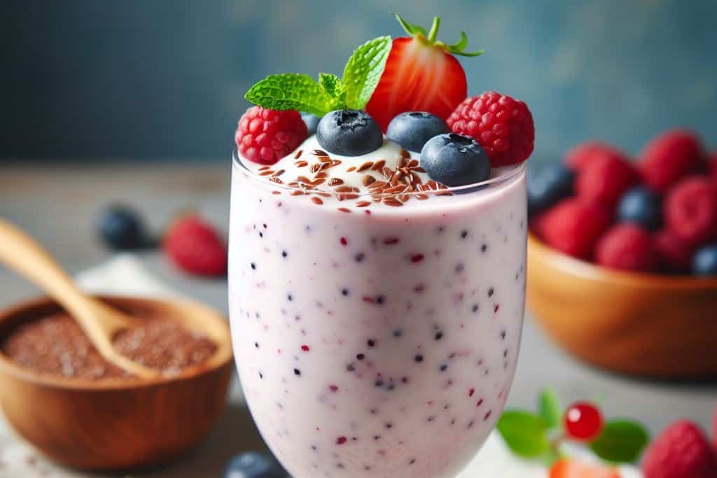 Healthy yogurt smoothie - frozen fruit, almond milk, yogurt & flaxseeds. Road trip fuel!