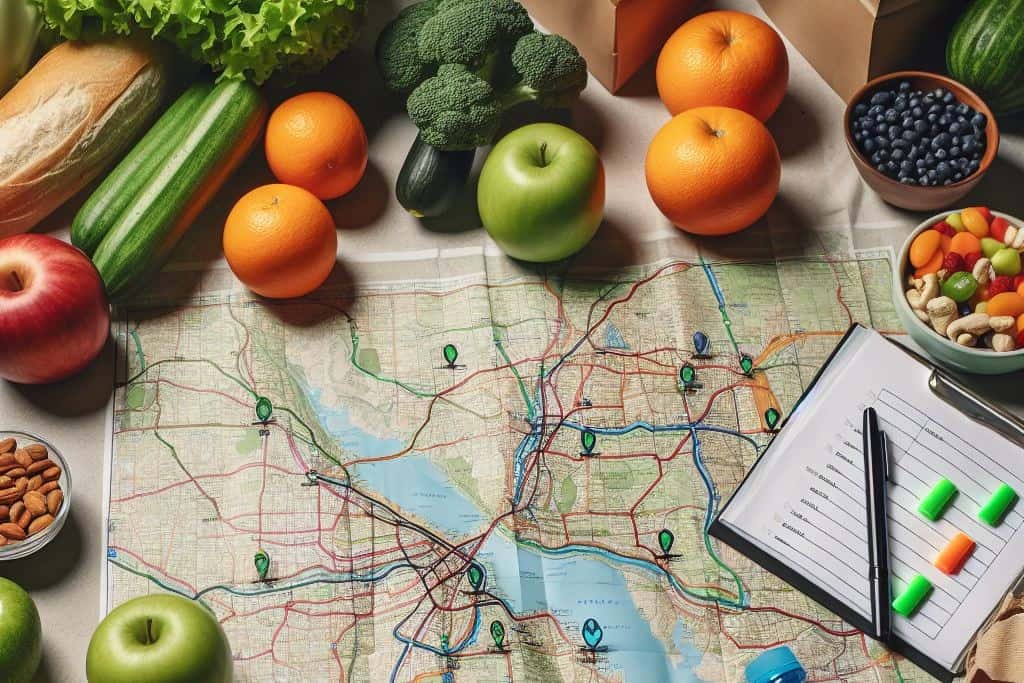 Road trip snacking map! Planning healthy stops & packing reusable bags for fresh energy.