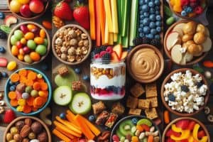 Best healthy road trip snacks - fruits, veggies, yogurt, dips, nuts, chips, and protein bites for a vibrant, portable, and delicious journey.