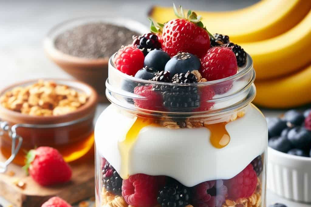 Layered Greek yogurt parfait with berries, granola, and honey - a customizable, protein-packed road trip snack.